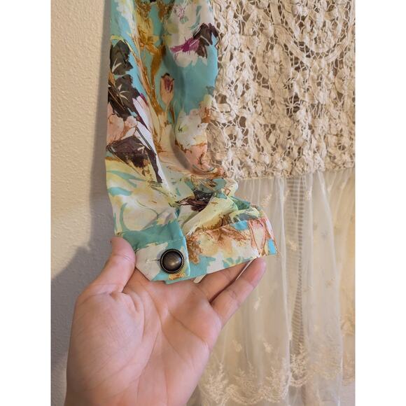 gimmicks by bke lace patchwork button up cardigan size S quarter sleeve - Picture 5 of 7